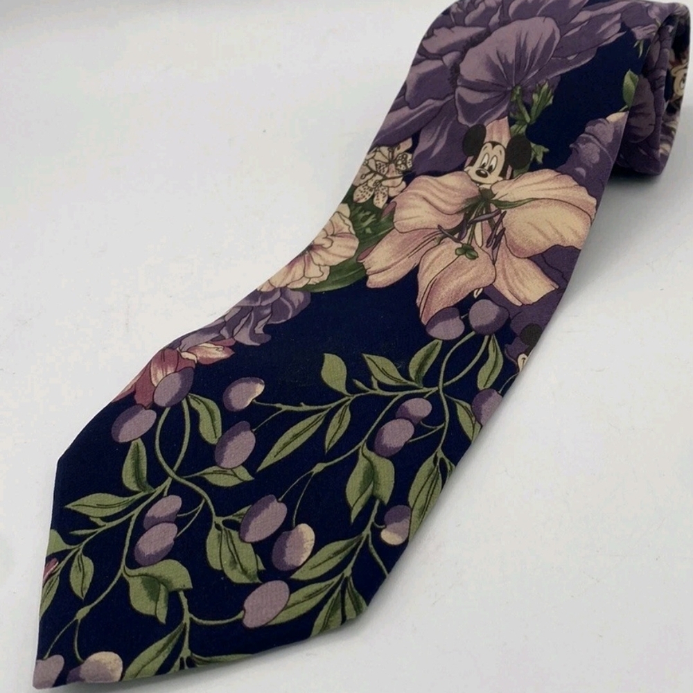 Walt Disney Co. Mickey Floral 56.5 X 4 Silk Multi-color Tie Navy/Purple/Green
